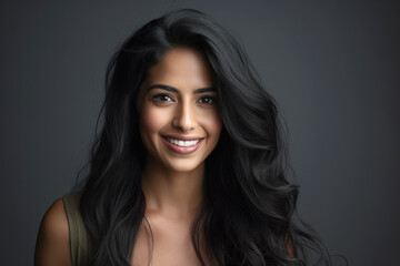 Naklejka premium Portrait of a smiling young woman of Indian ethnicity having long flowing hair 