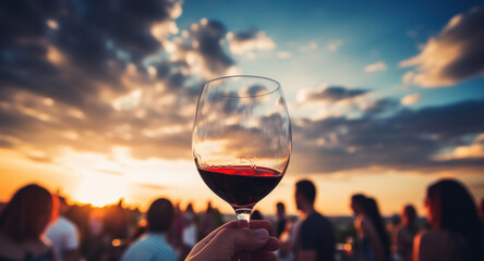 Hand holding a glass of red wine, capturing the essence of a relaxed social evening at sunset.