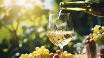 Pouring white wine in a glass with vineyard grapes in the background, capturing the golden hour.