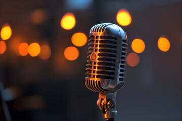 Fototapeta na wymiar Vintage Microphone Illuminated by Warm Stage Lights