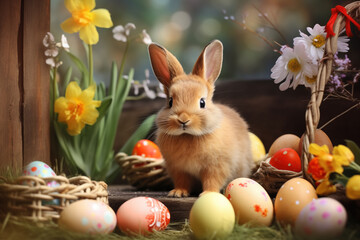 Fototapeta na wymiar Easter Bunny Amidst Colorful Eggs and Spring Flowers