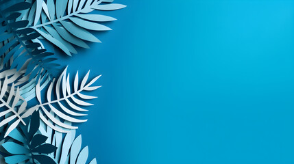 Fototapeta na wymiar Tropical leaves with soft blue background and copy space in paper cut style.