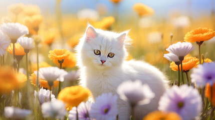 An elegant white cat enjoys the golden light in a vibrant field of orange and white flowers.