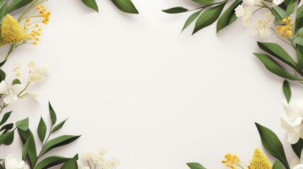 Elegant floral frame created with white flowers and lush green leaves on a white background. - Powered by Adobe