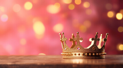 A majestic golden crown against a sparkling red bokeh light background.