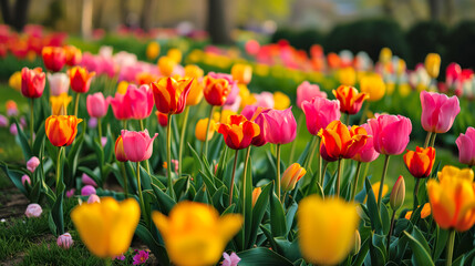 Obraz premium Springtime Bloom in Vibrant Tulip Garden
