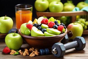 Empower your healthy lifestyle. Vibrant image of a diet featuring a fresh fruit salad and dumbbells on wooden background. Wellness and fitness concept.