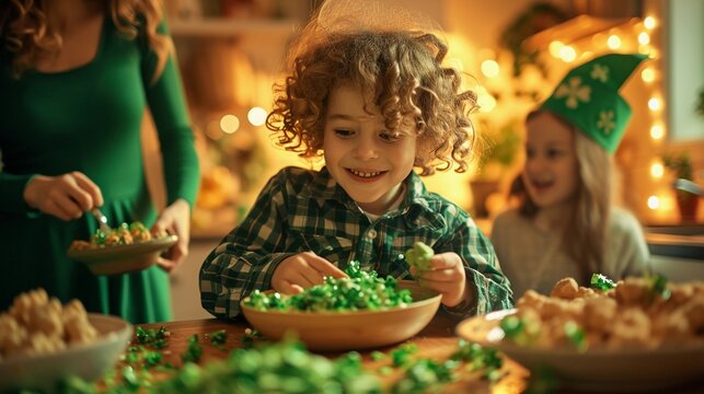 Family engages in St. Patrick's Day preparations. Children help to bake green treats. AI Generated