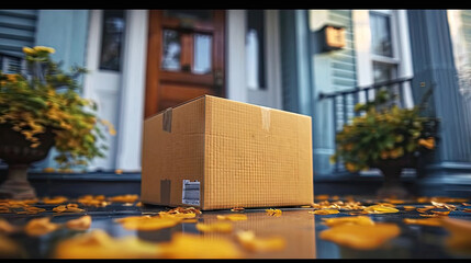 Online shopping delivery service concept. Cardboard parcel box delivered to the front door. fast shopping - obrazy, fototapety, plakaty
