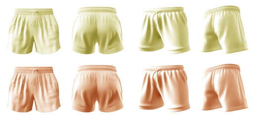 2 Set of pastel light yellow orange, unisex running sports shorts boxer bottom, front, back and side view on transparent background cutout, PNG file. Mockup template for artwork graphic design