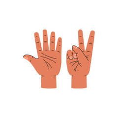 Hands show seven fingers, cartoon style vector illustration on white
