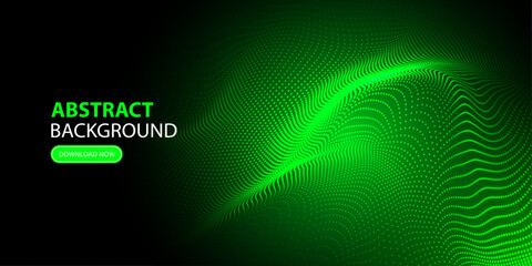 Abstract futuristic glowing green wave with moving dots. Flow of particles with glitch effect. Ideal vector graphics for brochures, flyers, magazines, business cards and banners. Vector.