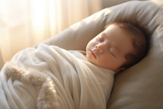 おくるみに包まれて眠る日本人の赤ちゃん「AI生成画像」
