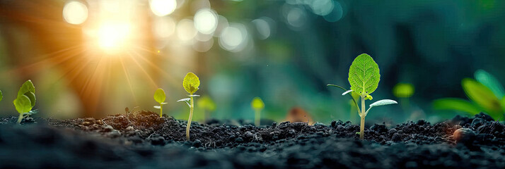 several young plants growing out of dirt background, The seedling are growing from the rich soil to the morning sunlight that is shining, ecology concept