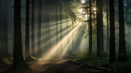 Fototapeta premium 神秘的で静かな深い森の中に木々の間から太陽の光が差し込む「AI生成画像」