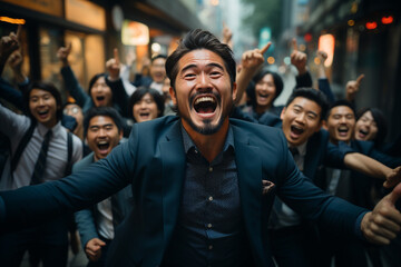 全身から溢れる喜びに陶酔する日本人ビジネスパーソンの瞬間「AI生成画像」 - obrazy, fototapety, plakaty