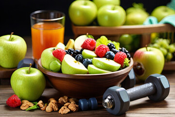 Empower your healthy lifestyle. Vibrant image of a diet featuring a fresh fruit salad and dumbbells on wooden background. Wellness and fitness concept.