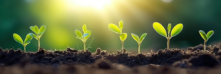 several young plants growing out of dirt background, The seedling are growing from the rich soil to the morning sunlight that is shining, ecology concept - obrazy, fototapety, plakaty