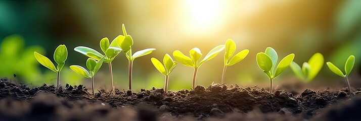 several young plants growing out of dirt background, The seedling are growing from the rich soil to the morning sunlight that is shining, ecology concept - obrazy, fototapety, plakaty