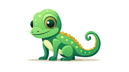 Fototapeta premium lovable image of a cute small green chameleon lizard in a flat cartoon animal design, isolated on a white background.