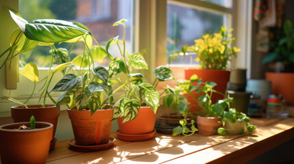 Fototapeta na wymiar Various indoor houseplants on a windowsill enjoying the morning sunlight.