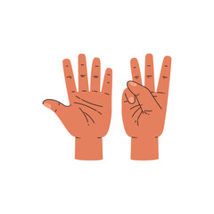 Hands show eight fingers, cartoon style vector illustration on white