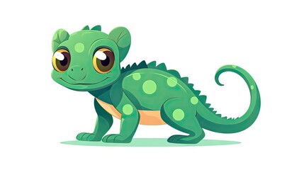 Fototapeta premium lovable image of a cute small green chameleon lizard in a flat cartoon animal design, isolated on a white background.