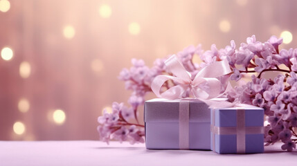 A sophisticated gift box adorned with a satin ribbon next to delicate lilac flowers against a luminous background.