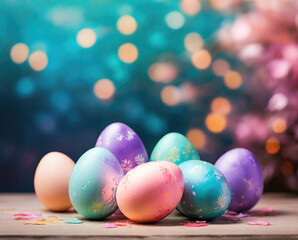 Fototapeta na wymiar Colorful pastel easter eggs on festive bokeh background