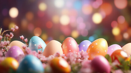 Decorated Easter eggs among pink flowers with soft bokeh lighting, symbolizing spring celebration.