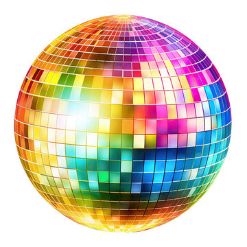 Shiny disco mirror ball reflect rainbow colors isolated on white background