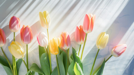 A vibrant bunch of multicolored tulips enjoying the warm sunlight, casting soft shadows on a white surface.