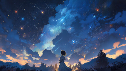 Fototapeta na wymiar 星空を見上げる少女のイラスト「AI生成画像」
