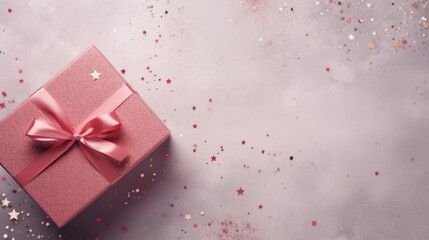 Obraz premium A pink gift box tied with a satin ribbon, surrounded by glittering stars on a gray background.