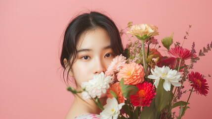 Obraz na płótnie Canvas Beautiful asian woman with a bouquet of flowers. studio pink background. copy space -Generative AI