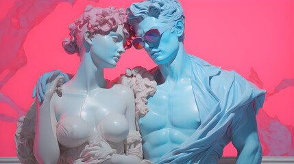 modern Bust of man and woman. painting depicts a statue of a couple on pink background