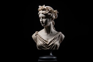 Antique Marble sculpture statue bust of an ancient Greek goddess on dark background