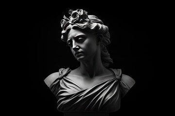 Antique Marble sculpture statue bust of an ancient Greek goddess on dark background