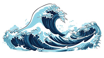a dramatic image of a tsunami wave in cartoon style, showcasing a big blue sea wave as a cataclysm color icon.
