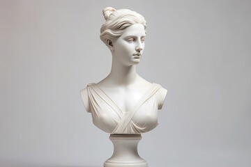 Obraz premium Antique Marble sculpture statue bust of an ancient Greek goddess on pastel background, copy space