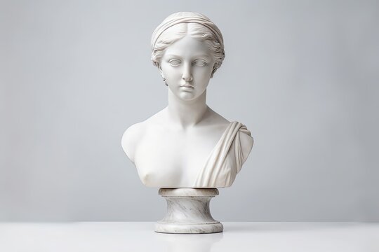 Antique Marble sculpture statue bust of an ancient Greek goddess on pastel background, copy space