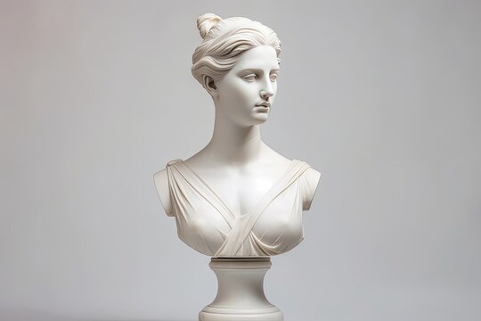 Antique Marble sculpture statue bust of an ancient Greek goddess on pastel background, copy space