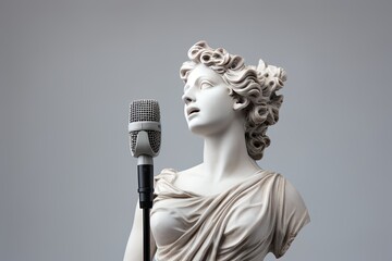 Antique Marble sculpture statue of an ancient Greek god make a speech, singing holding microphone