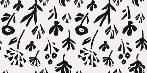 Hand drawn minimal abstract line organic shapes seamless pattern. Cutout plant