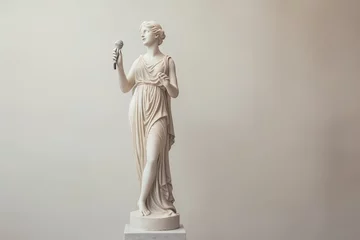 Fotobehang Antique Marble sculpture statue of an ancient Greek god make a speech, singing holding microphone © Iryna
