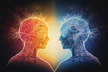 Human skull creative colorful brain sides, left and right brain hemisphere, cerebral hemisphere, Split brain: Mind areas conscious and subconscious processes, colored yellow blue brain part