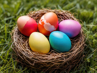 Colorful easter eggs in a nest on grass