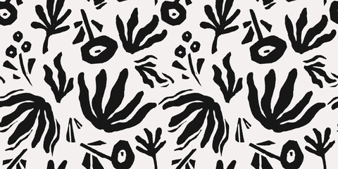 Hand drawn minimal abstract line organic shapes seamless pattern. Cutout boho plant contemporary