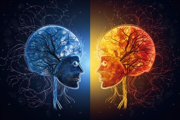 Human skull creative colorful brain sides, left and right brain hemisphere, cerebral hemisphere, Split brain: Mind areas conscious and subconscious processes, colored yellow blue brain part - obrazy, fototapety, plakaty