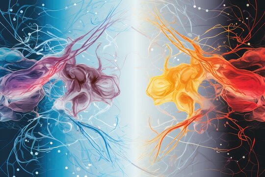 Human skull creative colorful brain sides, left and right brain hemisphere, cerebral hemisphere, Split brain: Mind areas conscious and subconscious processes, colored yellow blue brain part